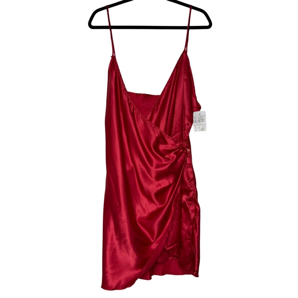 VTG 70's Red Satin Sleeveless Wrap Dress With Side Button Detail Size L